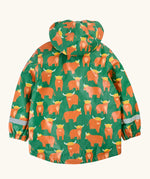 Back of the Frugi waterproof puddle buster coat in highland grazing. A green hooded coat with a repeating Highland cow design, side pockets and a blue fleece inner