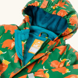 Frugi waterproof puddle buster coat in highland grazing laid flat showing the front zip with velcro fastener and blue fleece liner with name tag