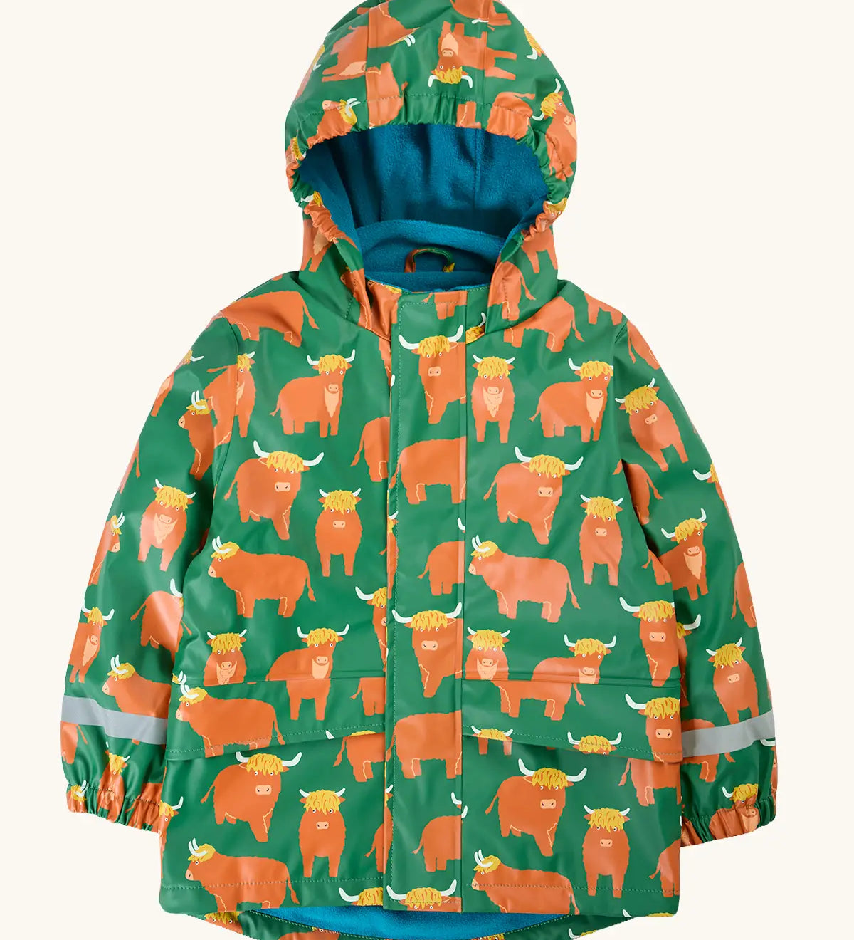 Frugi waterproof puddle buster coat in highland grazing. A green hooded coat with a repeating Highland cow design, side pockets and a blue fleece inner