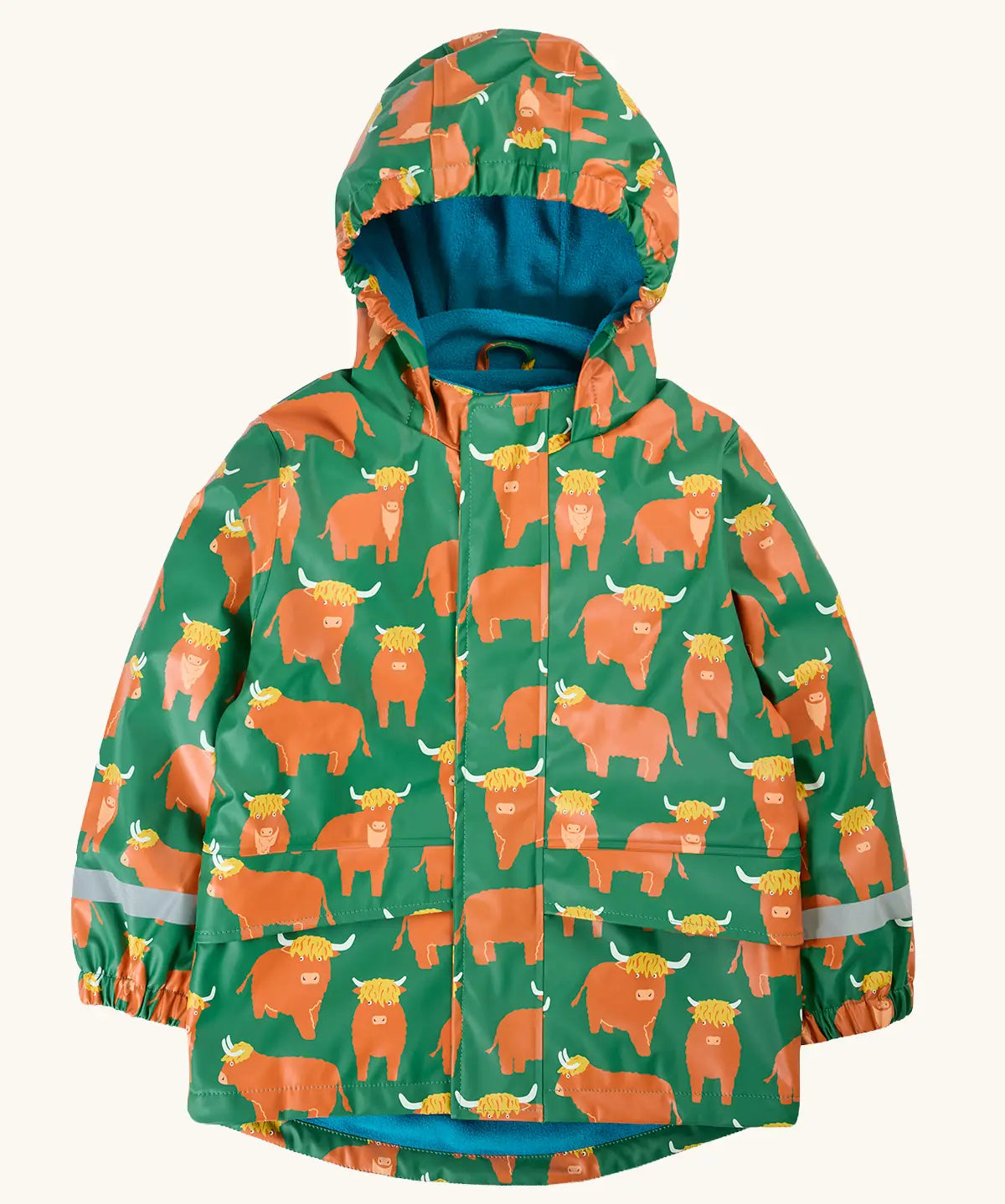Frugi waterproof puddle buster coat in highland grazing. A green hooded coat with a repeating Highland cow design, side pockets and a blue fleece inner