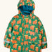 Frugi waterproof puddle buster coat in highland grazing. A green hooded coat with a repeating Highland cow design, side pockets and a blue fleece inner