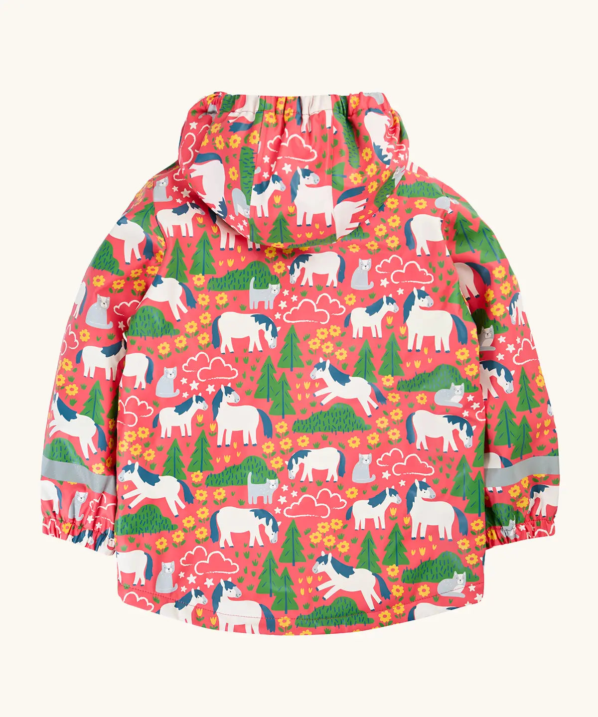 Back of the Frugi waterproof puddle buster coat in purrfect ponies. A pink hooded coat with a repeating cat and pony design with a reflective strip on the cuffs