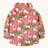 Back of the Frugi waterproof puddle buster coat in purrfect ponies. A pink hooded coat with a repeating cat and pony design with a reflective strip on the cuffs
