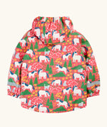 Back of the Frugi waterproof puddle buster coat in purrfect ponies. A pink hooded coat with a repeating cat and pony design with a reflective strip on the cuffs