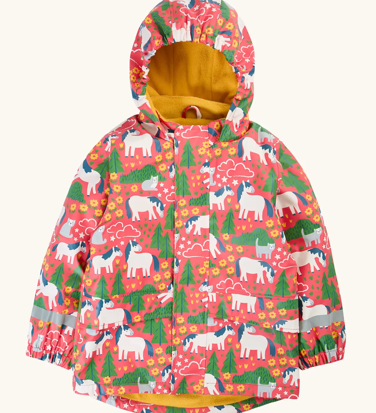 Frugi waterproof puddle buster coat in purrfect ponies. A pink hooded coat with a repeating cat and pony design side pockets and a yellow fleece inner