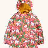 Frugi waterproof puddle buster coat in purrfect ponies. A pink hooded coat with a repeating cat and pony design side pockets and a yellow fleece inner