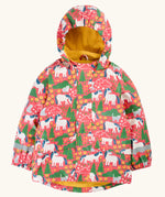 Frugi waterproof puddle buster coat in purrfect ponies. A pink hooded coat with a repeating cat and pony design side pockets and a yellow fleece inner