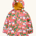 Frugi waterproof puddle buster coat in purrfect ponies. A pink hooded coat with a repeating cat and pony design side pockets and a yellow fleece inner