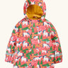 Frugi waterproof puddle buster coat in purrfect ponies. A pink hooded coat with a repeating cat and pony design side pockets and a yellow fleece inner