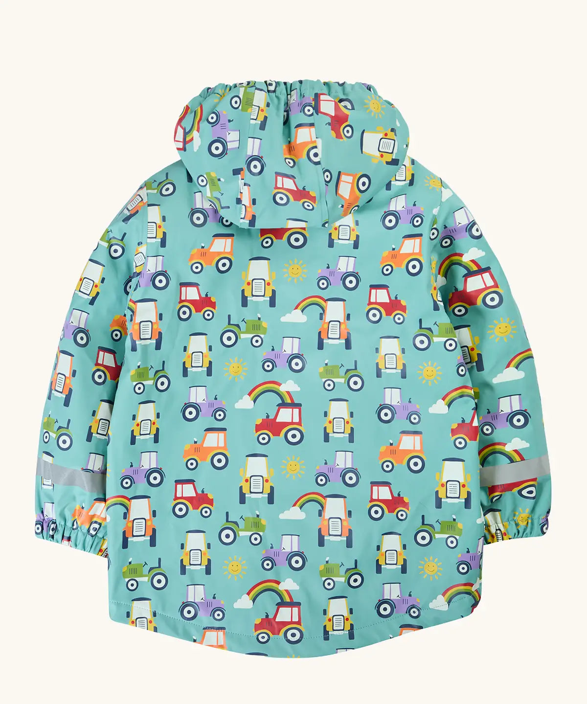 Back of the Frugi waterproof hooded puddle buster coat in terrific tractors A aqua hooded coat with a repeating tractor design