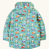 Back of the Frugi waterproof hooded puddle buster coat in terrific tractors A aqua hooded coat with a repeating tractor design