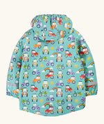Back of the Frugi waterproof hooded puddle buster coat in terrific tractors A aqua hooded coat with a repeating tractor design