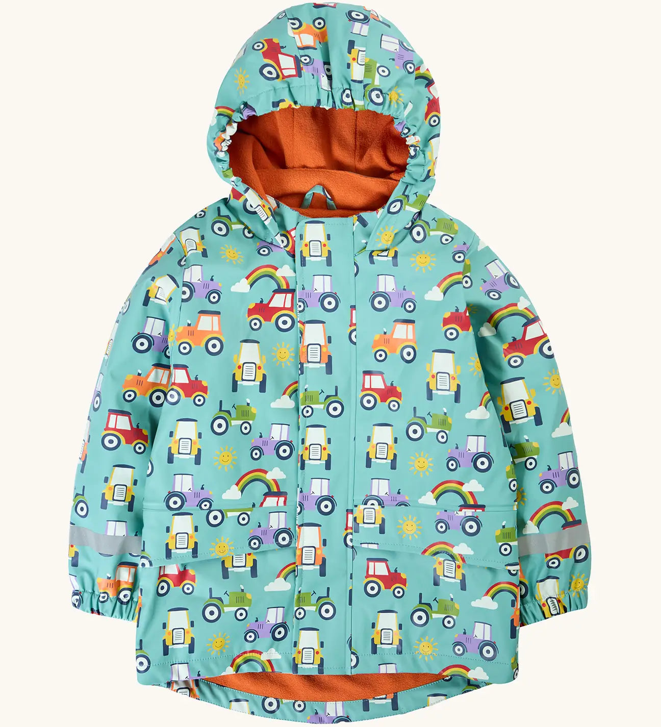 Frugi waterproof puddle buster coat in terrific tractors A aqua hooded coat with a repeating tractor design, side pockets and a orange fleece inner