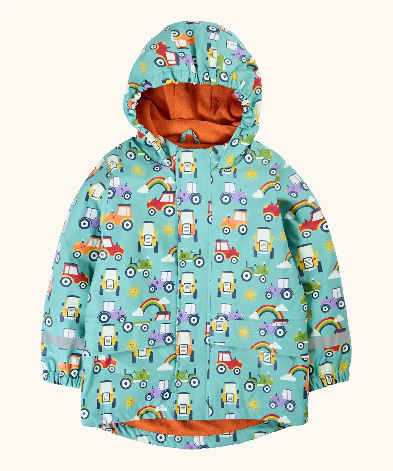 Frugi waterproof puddle buster coat in terrific tractors A aqua hooded coat with a repeating tractor design, side pockets and a orange fleece inner