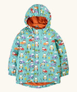 Frugi waterproof puddle buster coat in terrific tractors A aqua hooded coat with a repeating tractor design, side pockets and a orange fleece inner