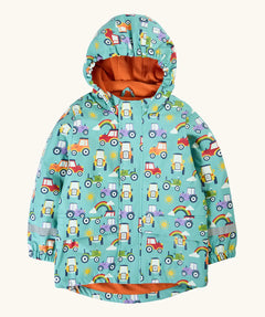 Frugi waterproof puddle buster coat in terrific tractors A aqua hooded coat with a repeating tractor design, side pockets and a orange fleece inner
