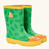 Frugi natural rubber, waterproof puddle buster wellingtons in green with a repeating leaf design and highland cow 