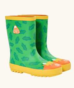 Frugi natural rubber, waterproof puddle buster wellingtons in green with a repeating leaf design and highland cow 