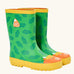 Frugi natural rubber, waterproof puddle buster wellingtons in green with a repeating leaf design and highland cow 