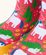 Frugi natural rubber, waterproof puddle buster wellingtons in purrfect ponies design showing water beading 