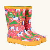 Frugi natural rubber, waterproof puddle buster wellingtons in pink with a repeating cat and pony design and yellow sole