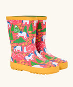 Frugi natural rubber, waterproof puddle buster wellingtons in pink with a repeating cat and pony design and yellow sole
