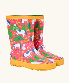 Frugi natural rubber, waterproof puddle buster wellingtons in pink with a repeating cat and pony design and yellow sole