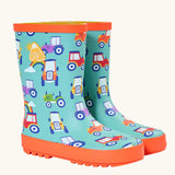 Frugi natural rubber, waterproof puddle buster wellingtons in aqua with a repeating tractor design and orange sole