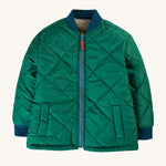 The green puffer side of the Frugi Robin Reversible Quilted Jacket - Teal/Moon, with navy blue neck collar, wrist cuffs and a light blue zipper
