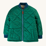 The green puffer side of the Frugi Robin Reversible Quilted Jacket - Teal/Moon, with navy blue neck collar, wrist cuffs and a light blue zipper