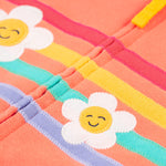The flower and stripe applique on the front of the Frugi Ted Fleece Lined Hoody - Cantaloupe/Rainbow