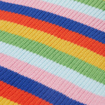 A closer look at the bold stripes on the Frugi Zoe Knitted Jumper - Retro Stripe. The colours are light red, yellow, light green, light blue, light pink and royal blue in a repeat pattern