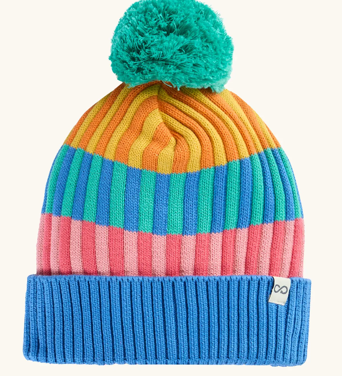 Frugi GOTS organic cotton bobble hat with a pastel rainbow stripe design, blue rim and aqua pom pom
