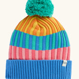 Frugi GOTS organic cotton bobble hat with a pastel rainbow stripe design, blue rim and aqua pom pom