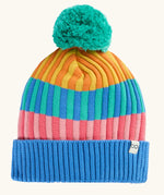 Frugi GOTS organic cotton bobble hat with a pastel rainbow stripe design, blue rim and aqua pom pom