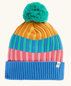 Frugi GOTS organic cotton bobble hat with a pastel rainbow stripe design, blue rim and aqua pom pom