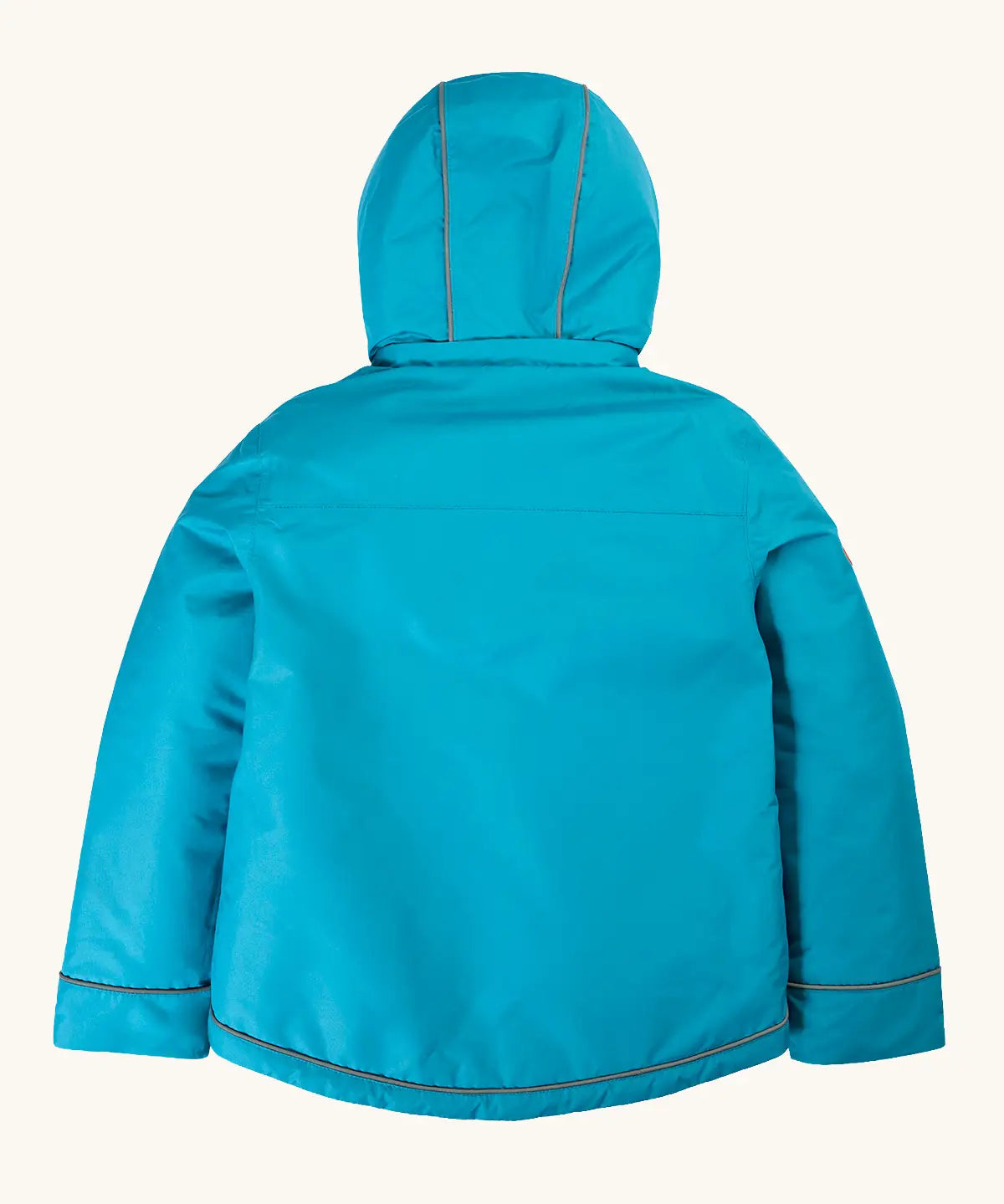 Back of the Frugi kids 3 in 1 rambler coat in boat blue/rhubarb check. A waterproof coat with a thin reflective strip on the cuff hem and hood