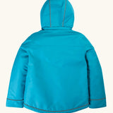 Back of the Frugi kids 3 in 1 rambler coat in boat blue/rhubarb check. A waterproof coat with a thin reflective strip on the cuff hem and hood