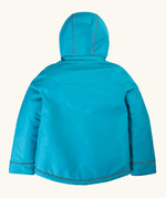 Back of the Frugi kids 3 in 1 rambler coat in boat blue/rhubarb check. A waterproof coat with a thin reflective strip on the cuff hem and hood