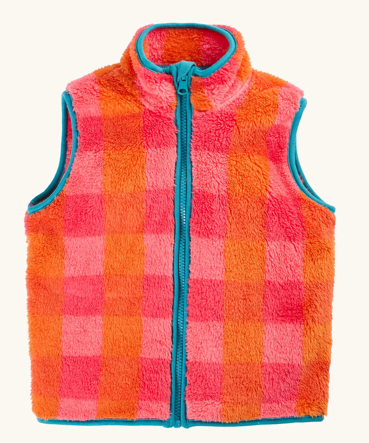 Pink and orange check fleeced gilet with blue trim from the Frugi rambler 3 in 1 coat. Features a full length zip