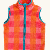 Pink and orange check fleeced gilet with blue trim from the Frugi rambler 3 in 1 coat. Features a full length zip