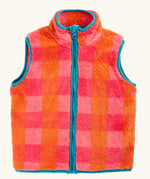 Pink and orange check fleeced gilet with blue trim from the Frugi rambler 3 in 1 coat. Features a full length zip