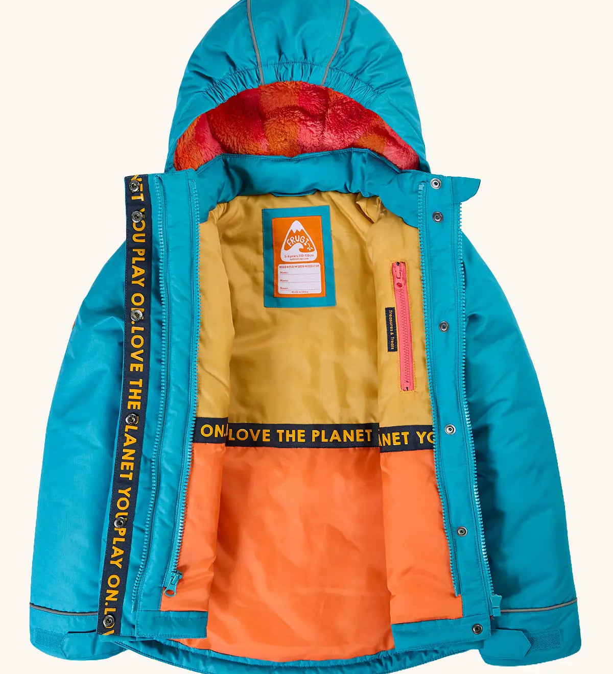 An open Frugi kids 3 in 1 rambler coat in boat blue/rhubarb check showing the full length zip, fleece inner lining on the hood and a zipped pocket on the inner chest