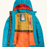 An open Frugi kids 3 in 1 rambler coat in boat blue/rhubarb check showing the full length zip, fleece inner lining on the hood and a zipped pocket on the inner chest