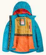 An open Frugi kids 3 in 1 rambler coat in boat blue/rhubarb check showing the full length zip, fleece inner lining on the hood and a zipped pocket on the inner chest