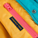 Frugi kids 3 in 1 rambler coat in boat blue/rhubarb check showing the inside zipped pocket detail