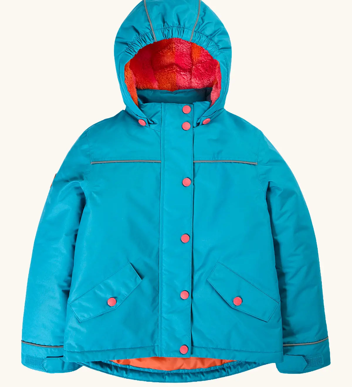 Frugi kids 3 in 1 rambler coat in boat blue/rhubarb check. Features a full length zip with popper fasteners, removable hood with a fleece inner