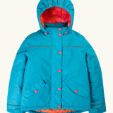 Frugi kids 3 in 1 rambler coat in boat blue/rhubarb check. Features a full length zip with popper fasteners, removable hood with a fleece inner
