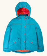Frugi kids 3 in 1 rambler coat in boat blue/rhubarb check. Features a full length zip with popper fasteners, removable hood with a fleece inner