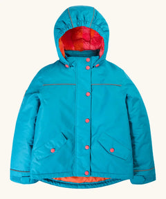 Frugi kids 3 in 1 rambler coat in boat blue/rhubarb check. Features a full length zip with popper fasteners, removable hood with a fleece inner